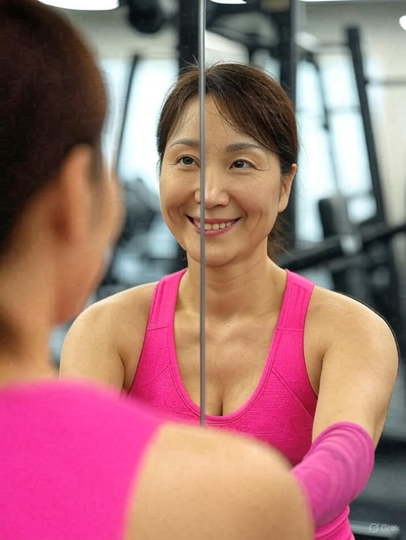 40대 중년 여성이 헬스장에서 건강하게 운동하는 모습
