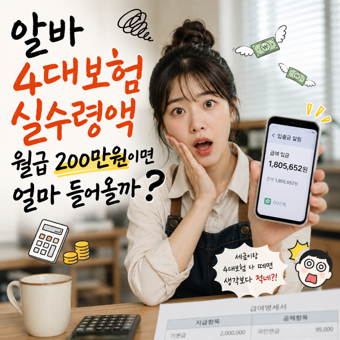 알바 월급 200만원에서 4대보험을 공제하면 실수령액이 얼마인지 급여 입금 내역과 급여명세서로 확인하는 이미지