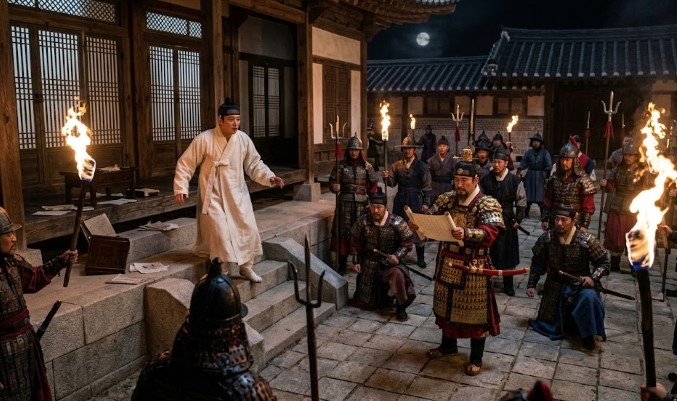 9월 2일 새벽, 사저로 들이닥친 무장한 반정 세력. 박원종, 성희안 등 공신들이 진성대군 앞에 엎드려 '새 왕이 되어 달라'고 요청하지만, 갑작스러운 무력 앞에서 진성대군은 죽음의 공포를 느끼며 뒷걸음질 치는 양면적인 순간