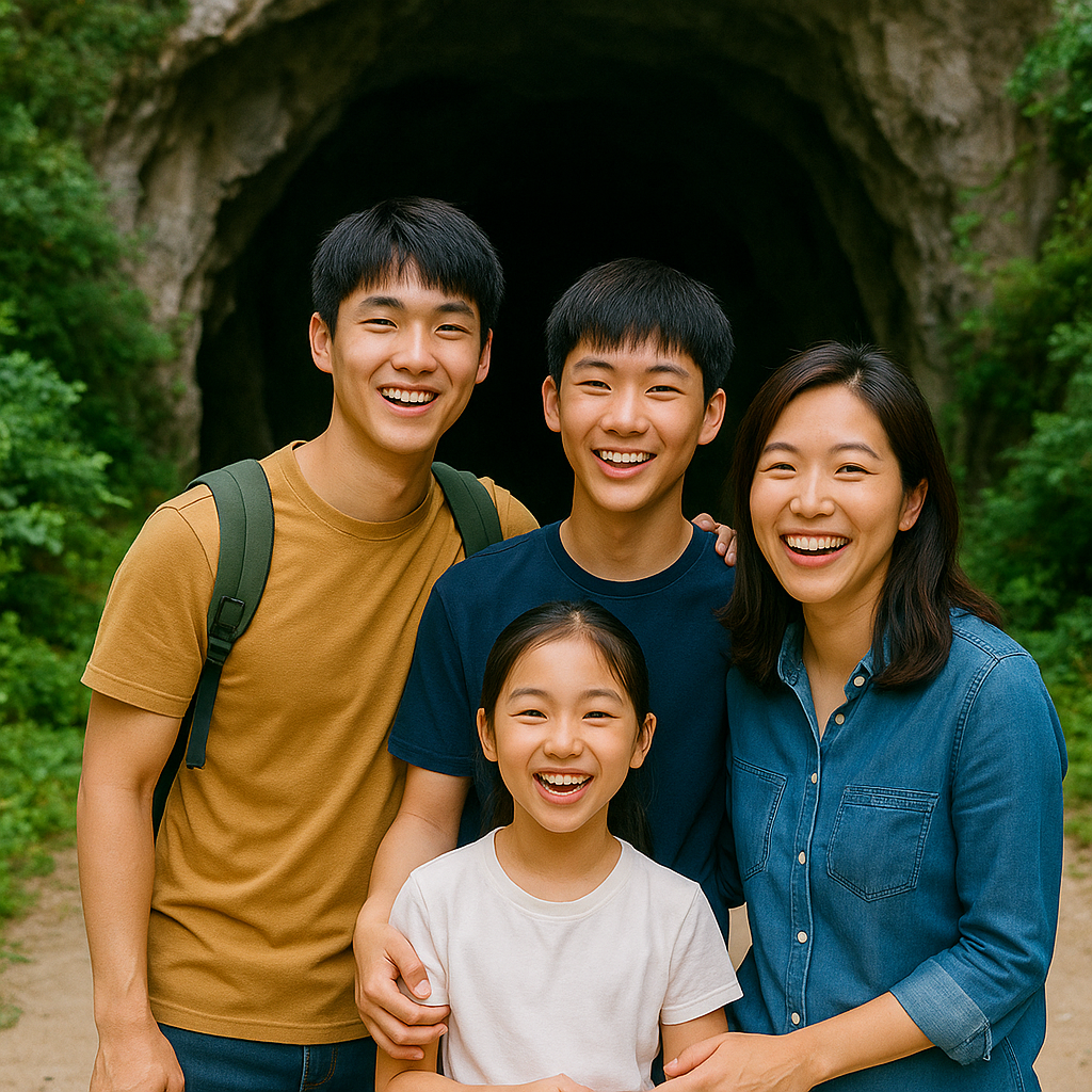 동굴앞 기분좋은 가족의 모습