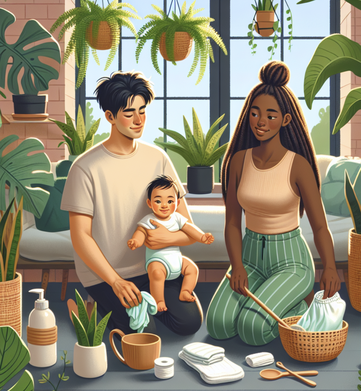 화초 사이에서 평화롭게 육아중인 부부의 모습