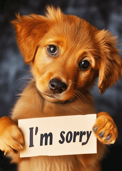 갈색의 작은 강아지가 하얀색 종이에 쓰여진 I am sorry가 적힌 걸 들고 용서를 구하고 있다.
