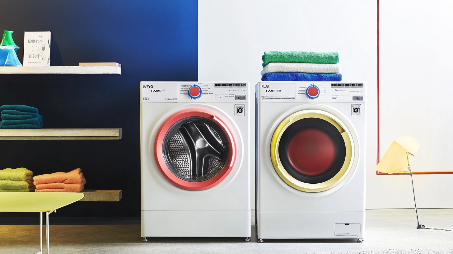 현대적인 세탁실에서 LG 트롬 세탁기와 건조기가 나란히 배치되어 스마트 페어링 기능을 보여주는 모습