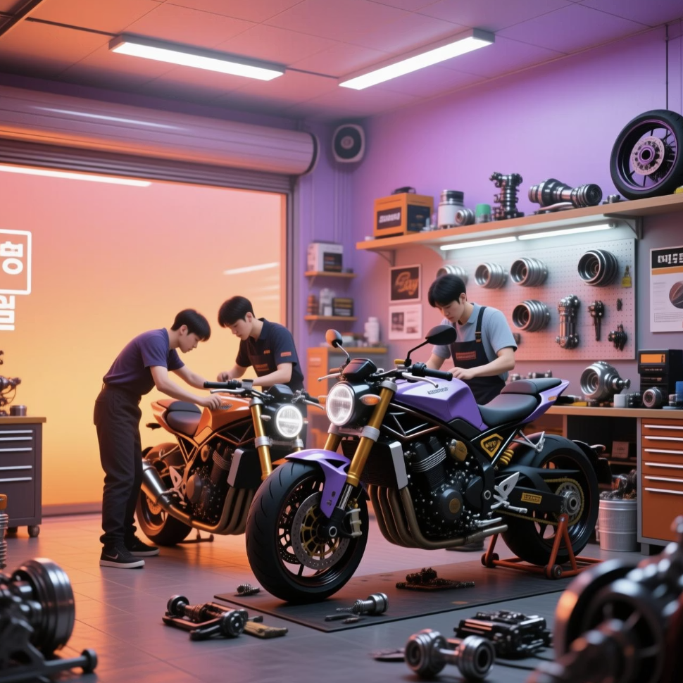 바튜매 추천 튜닝샵 &amp; 부품업체 섹션 이미지 - 오토바이 정비하고 있는 모습