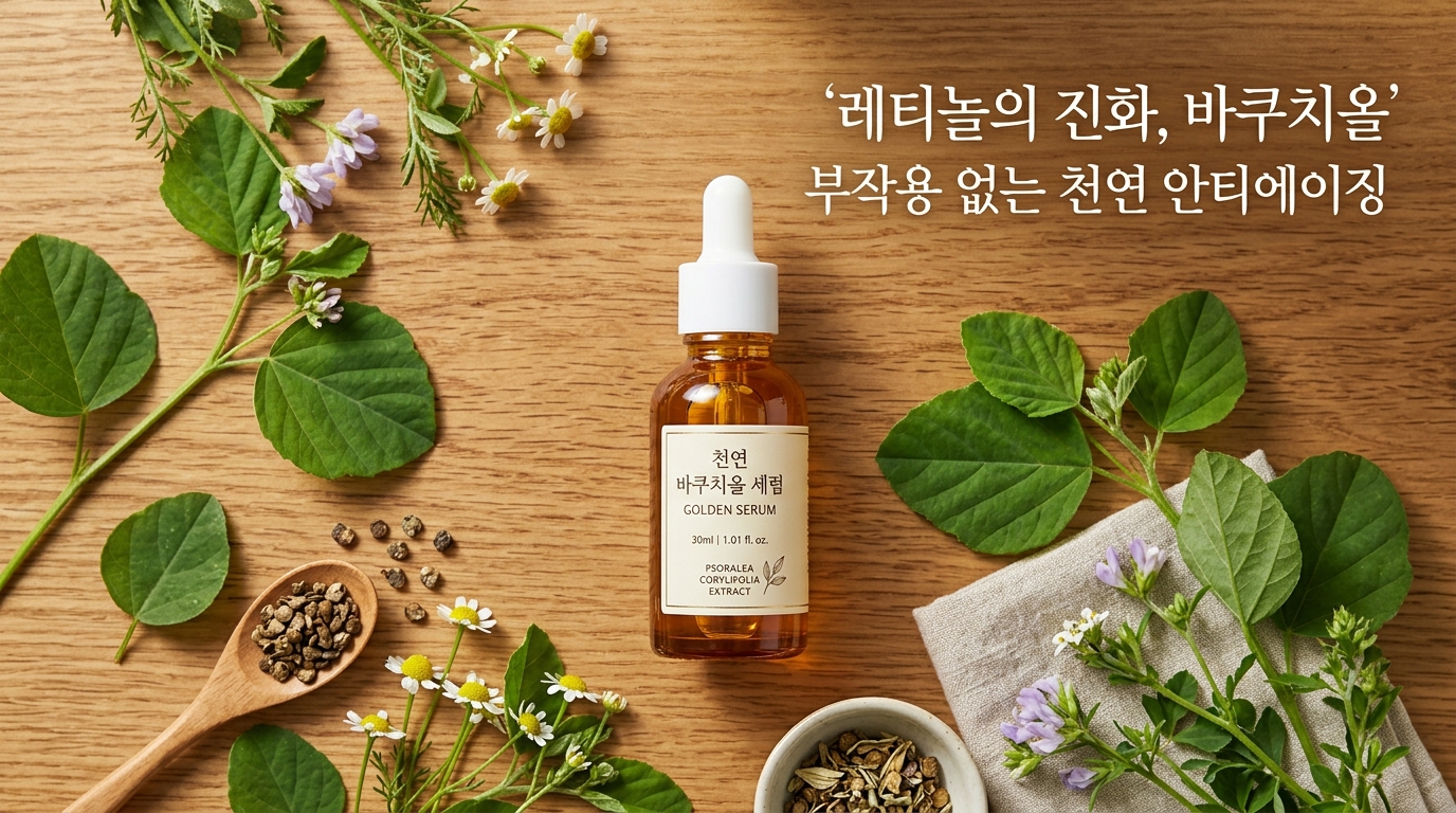 따뜻한 원목 배경 위에 놓인 황금빛 바쿠치올 세럼 스포이드 병과 싱그러운 초록빛 식물 잎사귀들. '레티놀의 진화, 바쿠치올', '부작용 없는 천연 안티에이징'이라는 문구를 통해 저자극 식물성 안티에이징의 가치를 시각화함.