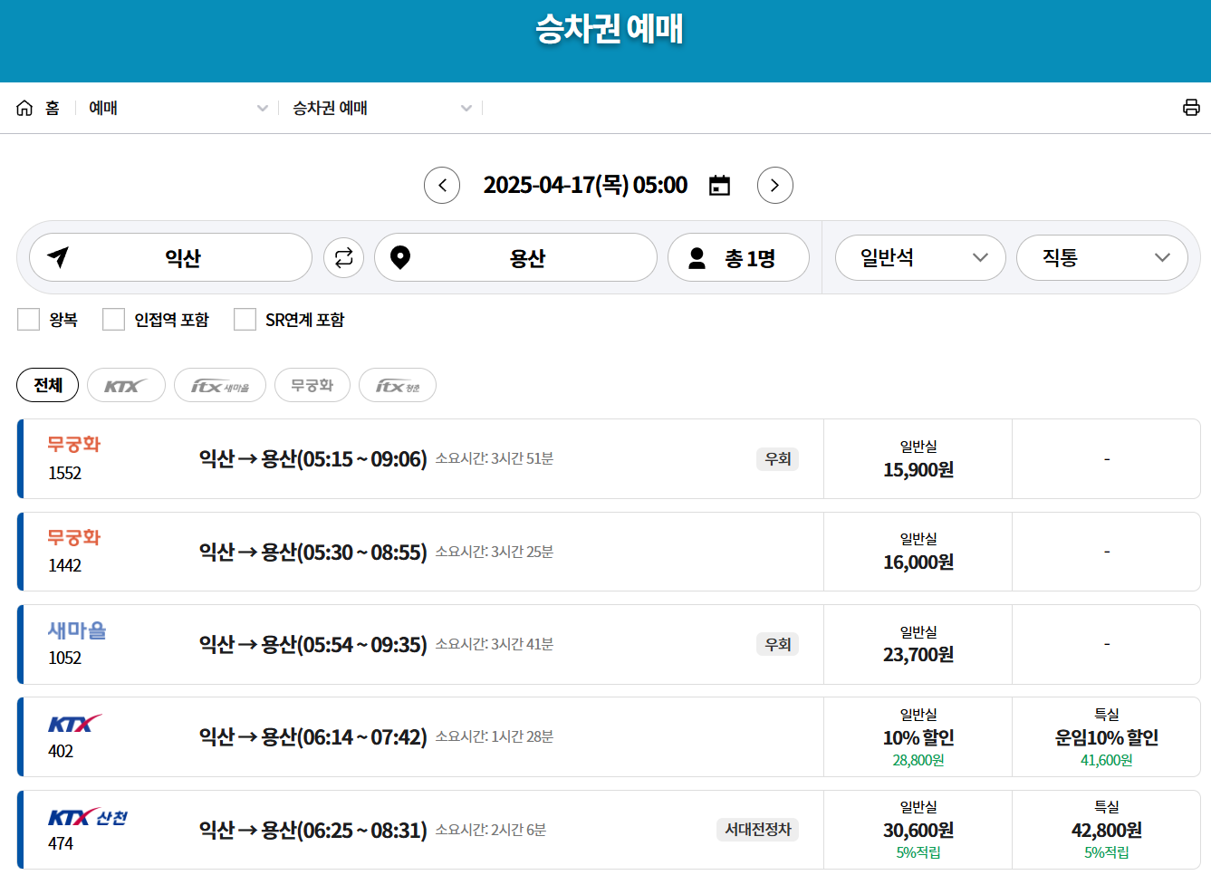 일반열차-운행요금