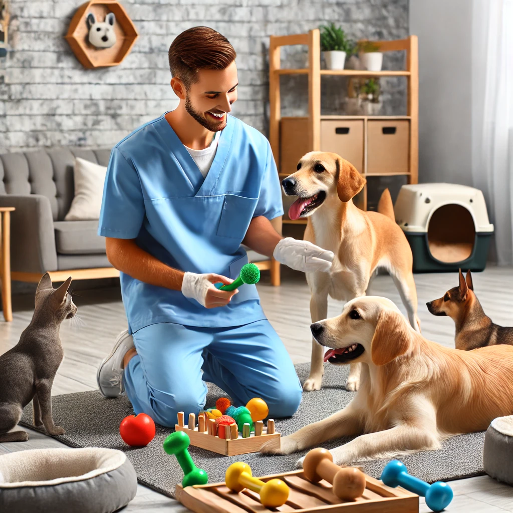 펫시터가 실내 반려동물 돌봄 센터에서 강아지들과 놀아주는 모습