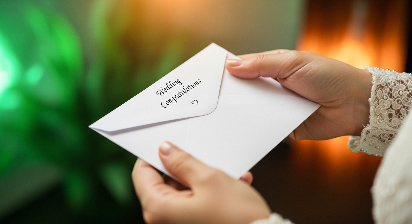 두 손이 정성스럽게 쓴 축의금 봉투를 소중히 들고 있는 모습. 결혼을 축하하는 진심과 따뜻한 마음이 느껴집니다.