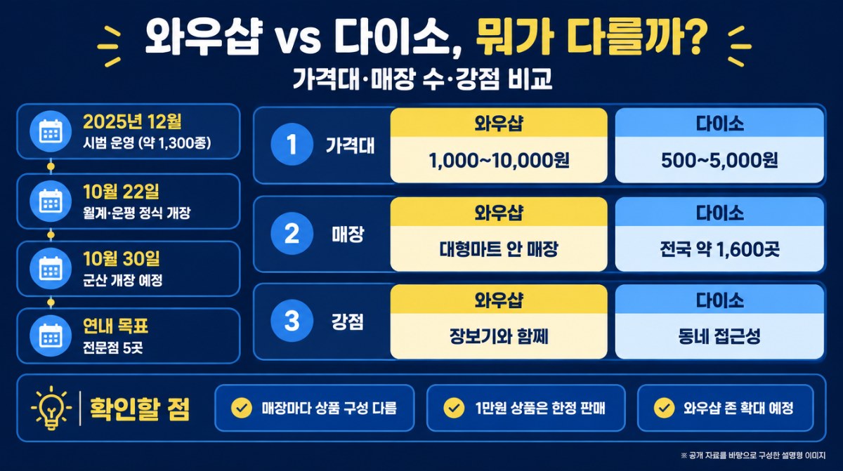 와우샵과 다이소 비교·개장 일정 인포그래픽(AI 생성 이미지)