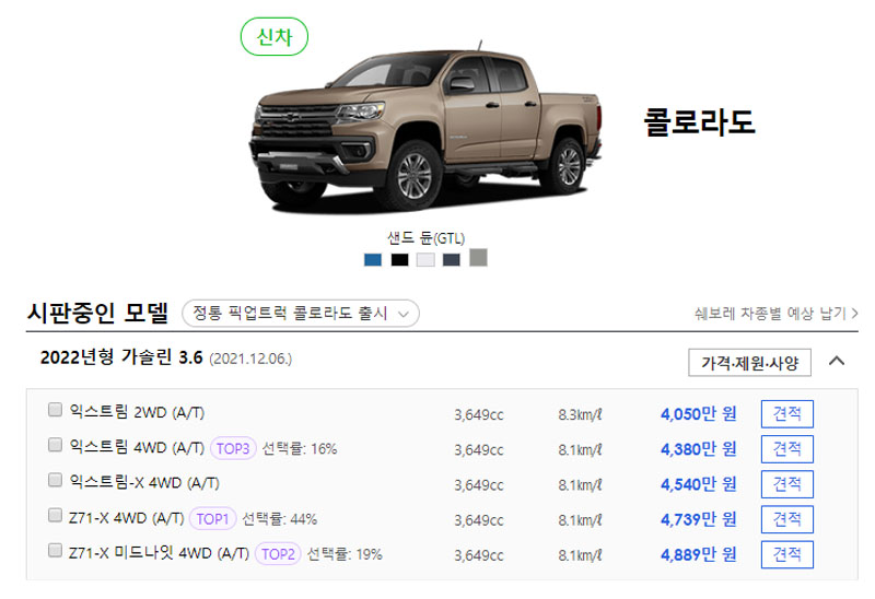 콜로라도 가격표