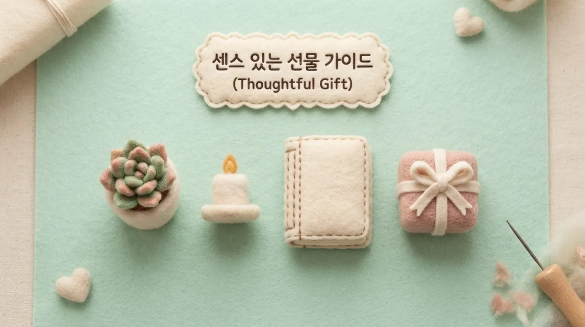 작은 화분, 캔들, 손편지 노트 등 부담 없고 센스 있는 미니멀 선물들이 정돈된 테이블 위에 놓인 모습