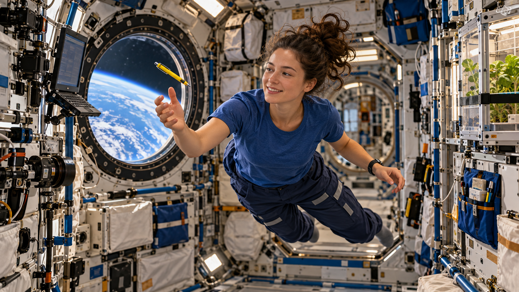 An astronaut and a yellow writing tool floating inside an orbiting space station