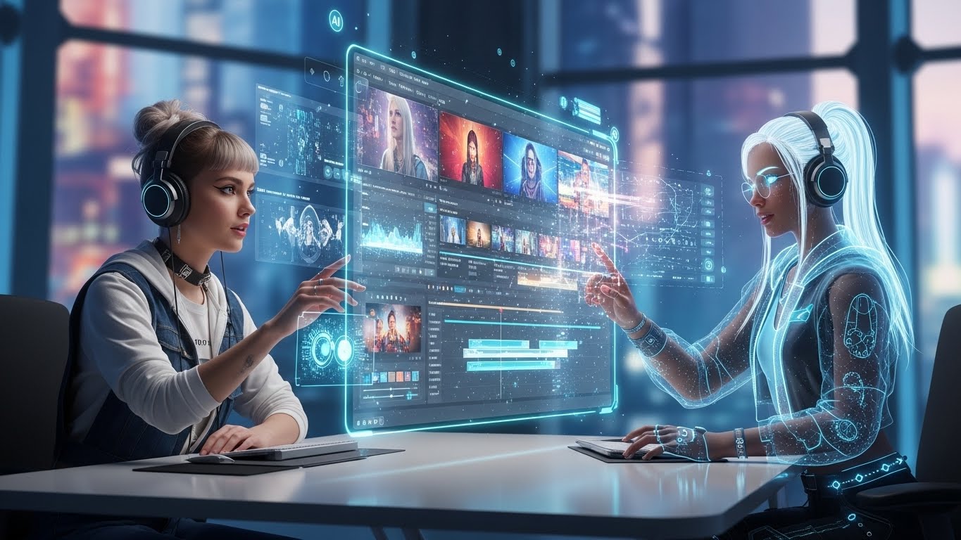 인간 인플루언서와 AI 인플루언서가 협업하여 콘텐츠를 만드는 장면