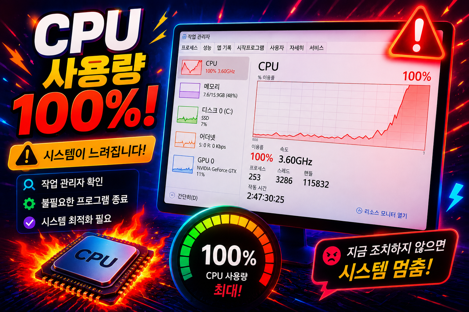 CPU 사용량 100% 해결방법 총정리 작업관리자 확인 프로세스 종료