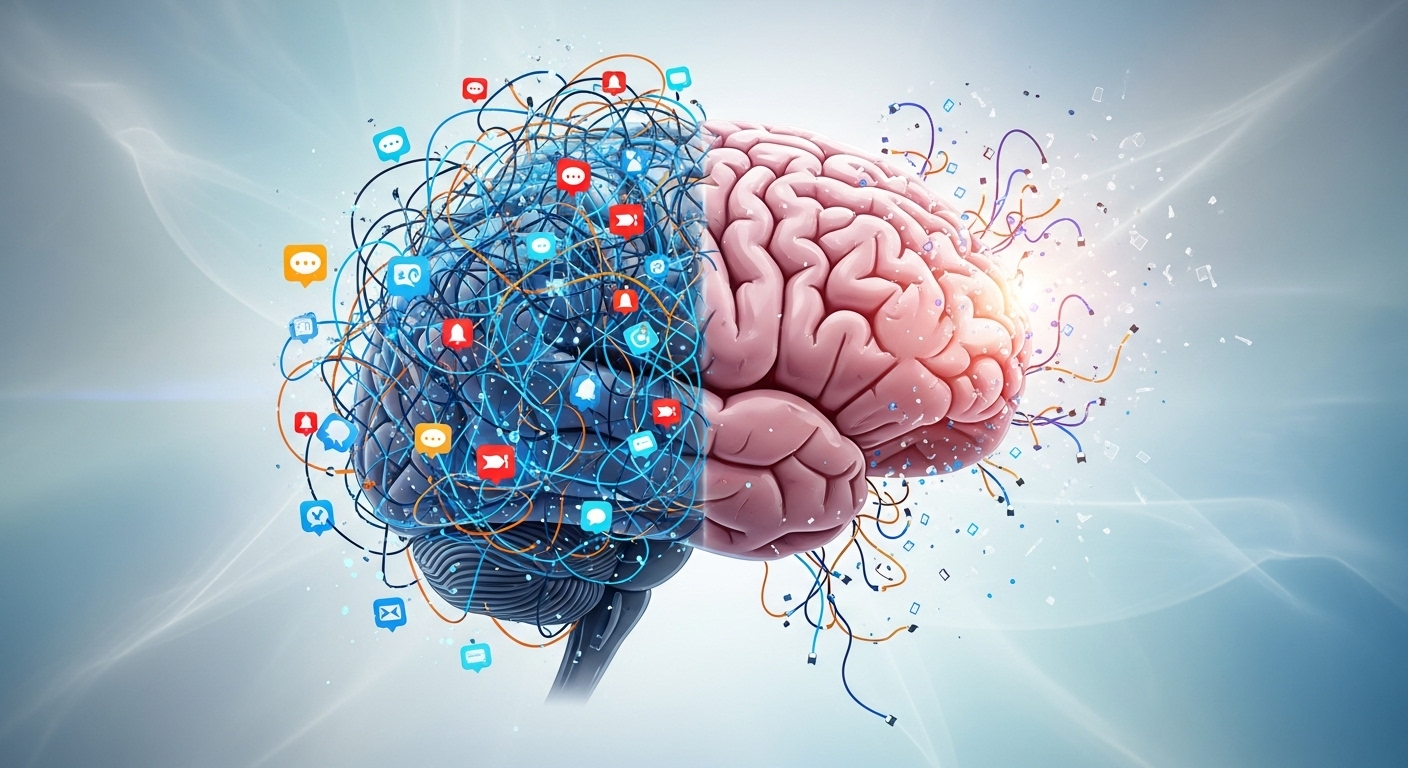 디지털 선들이 걷히면서 점차 맑고 깨끗해지는 뇌를 묘사한 일러스트. 정신적 자유를 상징합니다.