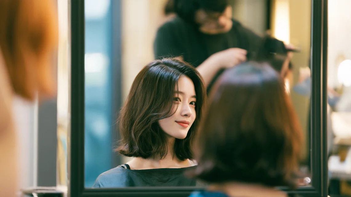 미용실 거울 앞에서 디자이너와 짧게 대화하는 손님