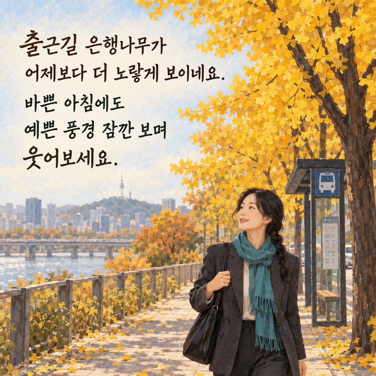 가을 아침 인사 이미지 12 — 출근길 은행나무가 어제보다 더 노랗게 보이네요. 바쁜 아침에도 예쁜 풍경 잠깐 보며 웃어보세요.