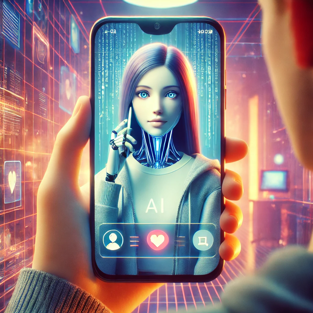 "AI 연애와 가상 연애를 상징하는 스마트폰 채팅 장면"