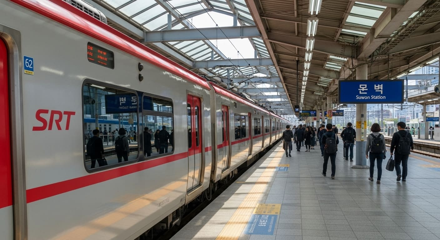 역 승강장에 정차한 SRT 열차와 승객들