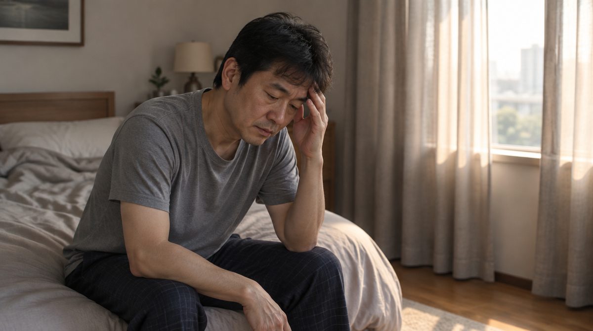 뇌출혈 후 두통으로 침대에 앉아 쉬는 남성
