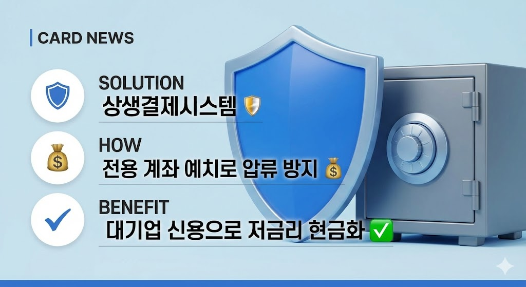 파란색 방패와 안전한 금고 이미지
내용:
SOLUTION: 상생결제시스템 🛡️
HOW: 전용 계좌 예치로 압류 방지 💰
BENEFIT: 대기업 신용으로 저금리 현금화 ✅
대체 텍스트: 안전하게 보호받는 임금을 표현한 일러스트
