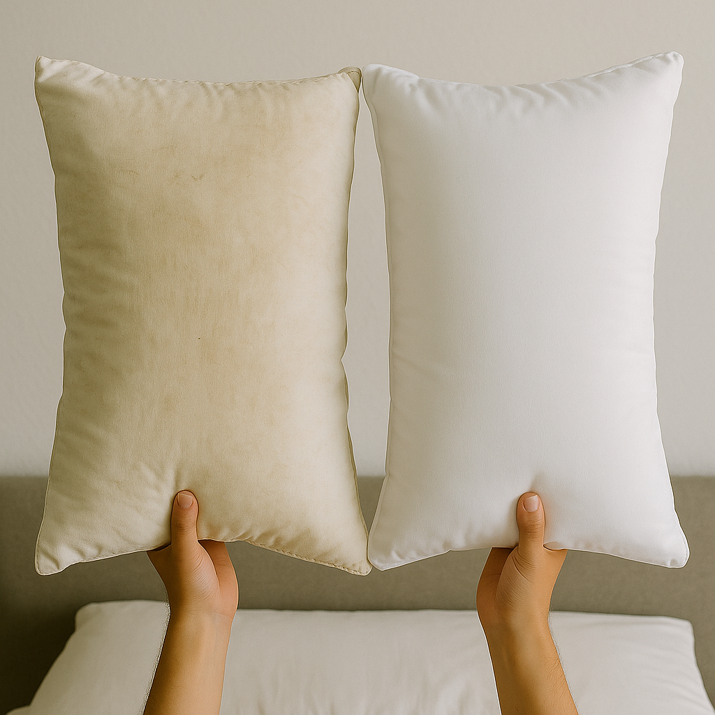 왼쪽은 누렇게 변색된 낡은 베개, 오른쪽은 새하얀 새 베개를 손에 든 사진