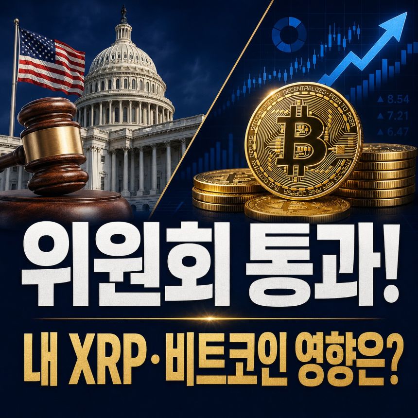 미국 클래리티 법안 상원 위원회 통과, XRP 비트코인 가격 영향을 설명하는 금융 인포그래픽 썸네일