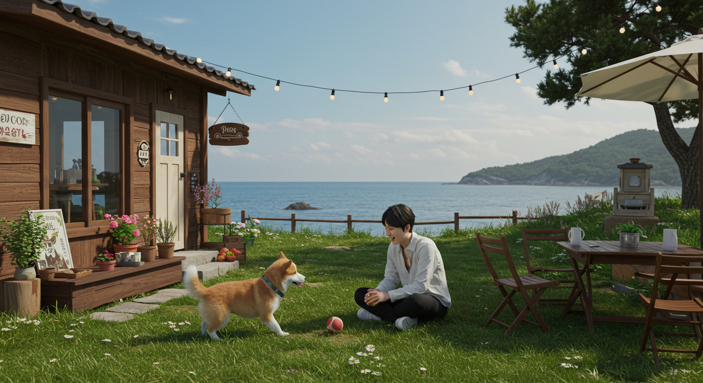 양양 해변가 감성 카페 마당에서 반려견과 노는 한국인