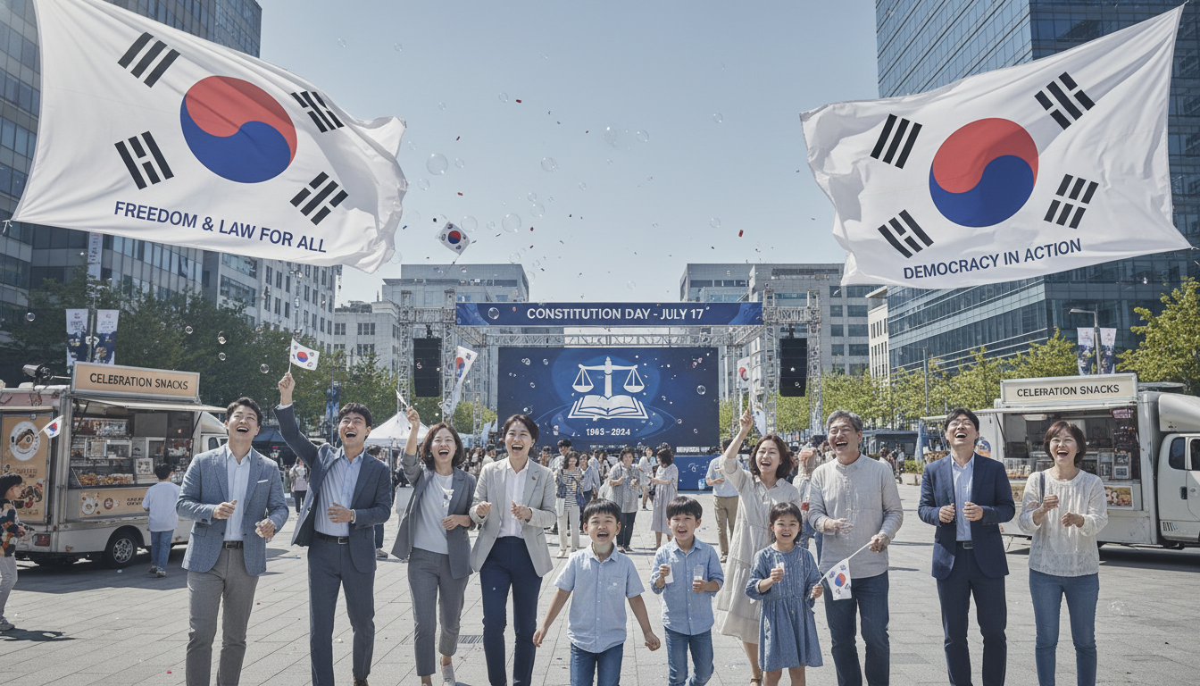 푸른 하늘 아래 태극기와 함께 사람들이 환하게 웃으며 휴일을 즐기는 모습, 대한민국 헌법의 중요성을 상징하는 평화로운 이미지