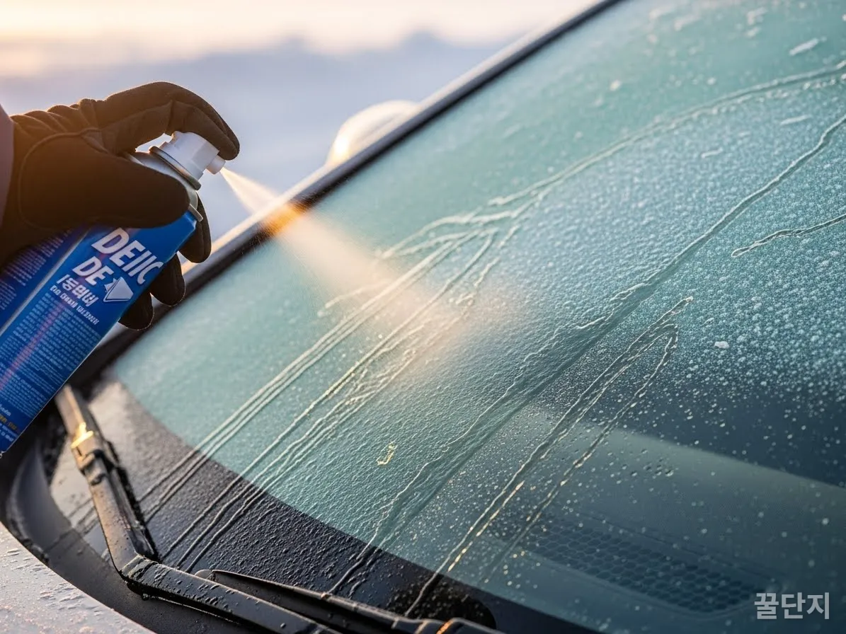 성에 제거 스프레이로 자동차 앞유리의 성에를 안전하게 제거하는 모습