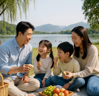 양평 두물머리 피크닉 존에서 피크닉 하고 있는 가족