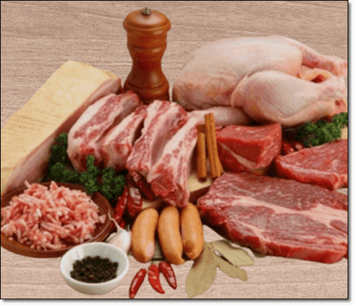 류신이 풍부한 고기와 음식