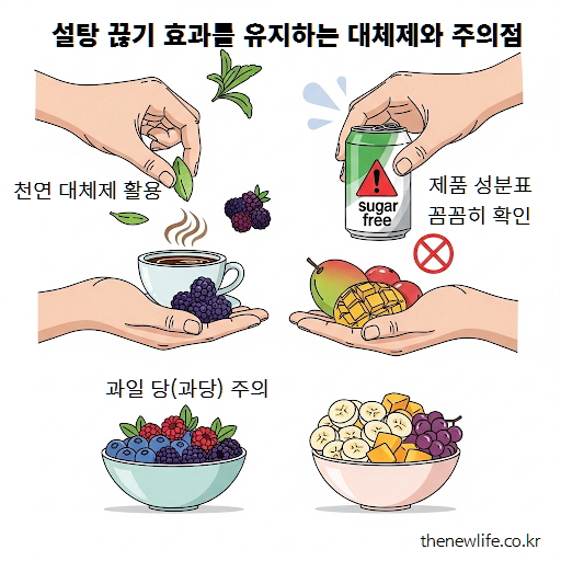 설탕 끊기 효과 유지, 천연 대체제 활용, 과일 당 주의, 무설탕 제품 성분표 확인 이미지