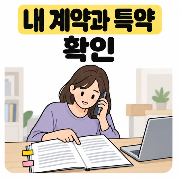 내 계약과 특약 확인 문구 아래 색인 탭이 달린 서류를 손가락으로 짚으며 전화 상담을 하는 여성