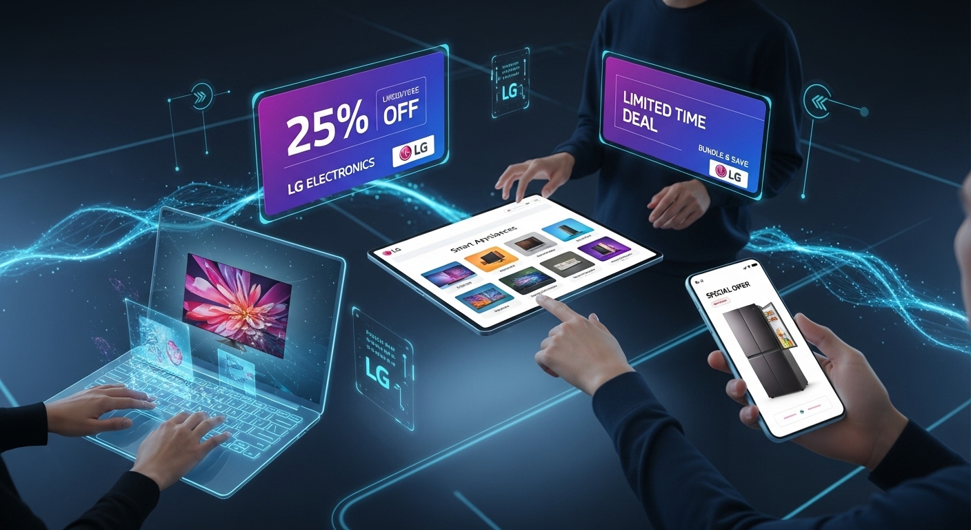 LG전자 LGE닷컴에서 고객들이 다양한 전자제품을 온라인으로 둘러보며 할인 혜택을 확인하는 모습, 현대적인 온라인 쇼핑 경험을 표현.