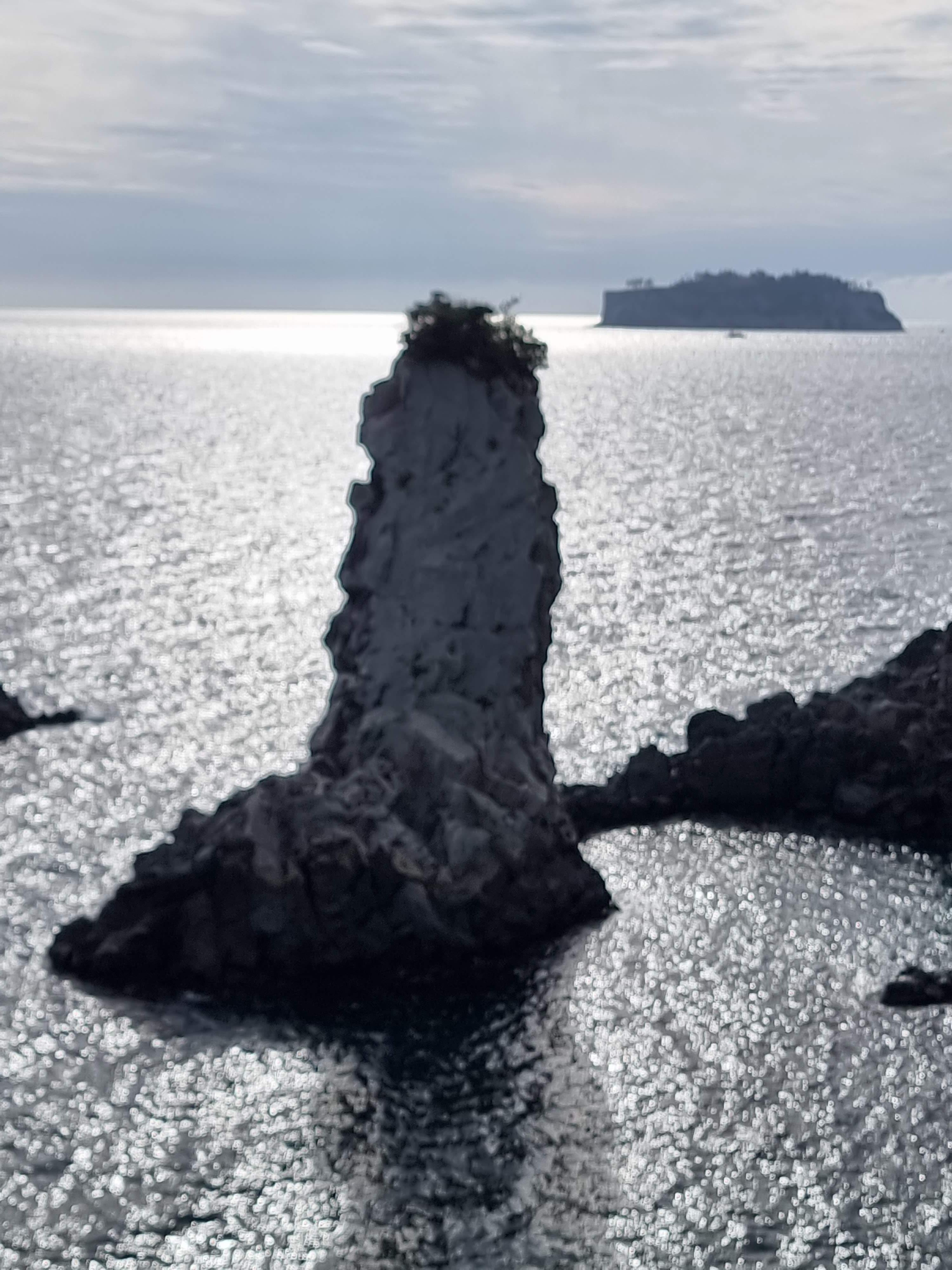 외돌개와 멀리 보이는 섬의 풍경