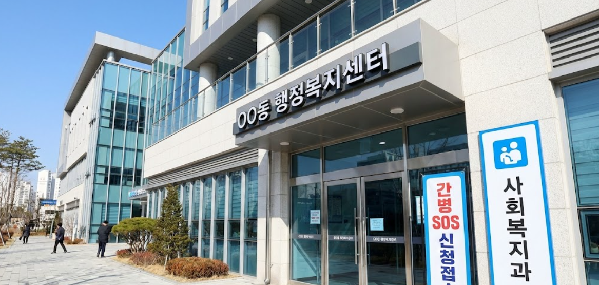 행정복지센터 입구와 경기도 복지 마크