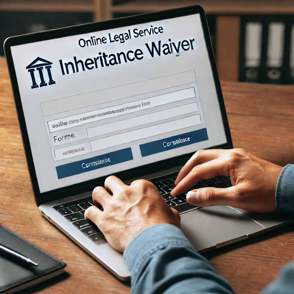 온라인 법률 서비스 소개: 상속 포기 청구서를 온라인에서 간편하게 처리하는 장면, 사용자가 노트북으로 문서를 작성하는 모습