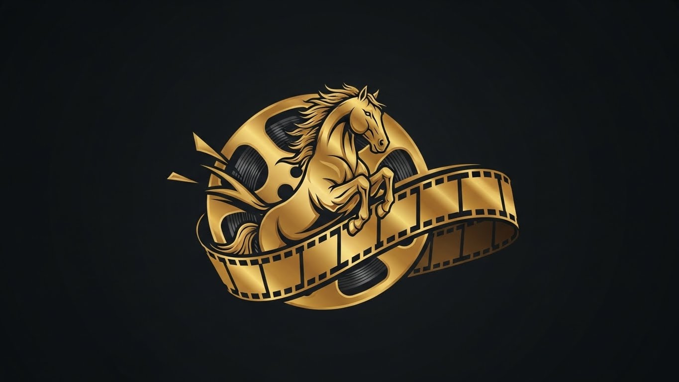 화려한 황금색 말 로고와 영화 필름이 겹쳐진 그래픽 이미지
