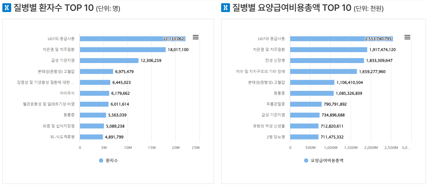 외래 질병별 환자수 및 요양급여비용총액 현황(2022)