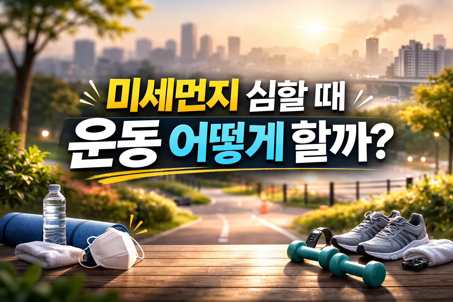 도심 공원 배경 위에 ‘미세먼지 심할 때 운동 어떻게 할까?’ 문구가 크게 들어간 건강 정보형 썸네일. 아래에는 마스크, 운동화, 아령, 물병, 요가매트가 놓여 있다.