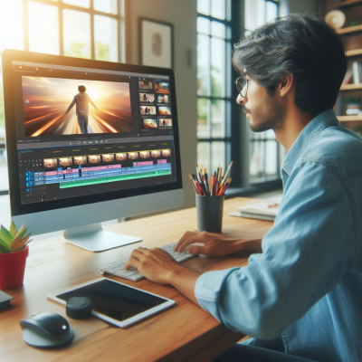 남성이 밝은 분위기의 영상 편집을 하고 있는 모습.