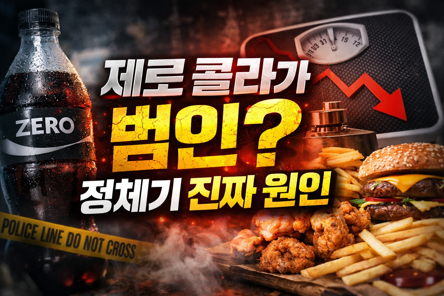 제로 콜라와 햄버거·치킨이 함께 놓인 이미지, ‘제로 콜라가 범인? 정체기 진짜 원인’ 문구로 혈당 스파이크와 다이어트 정체기 원인을 설명하는 썸네일
