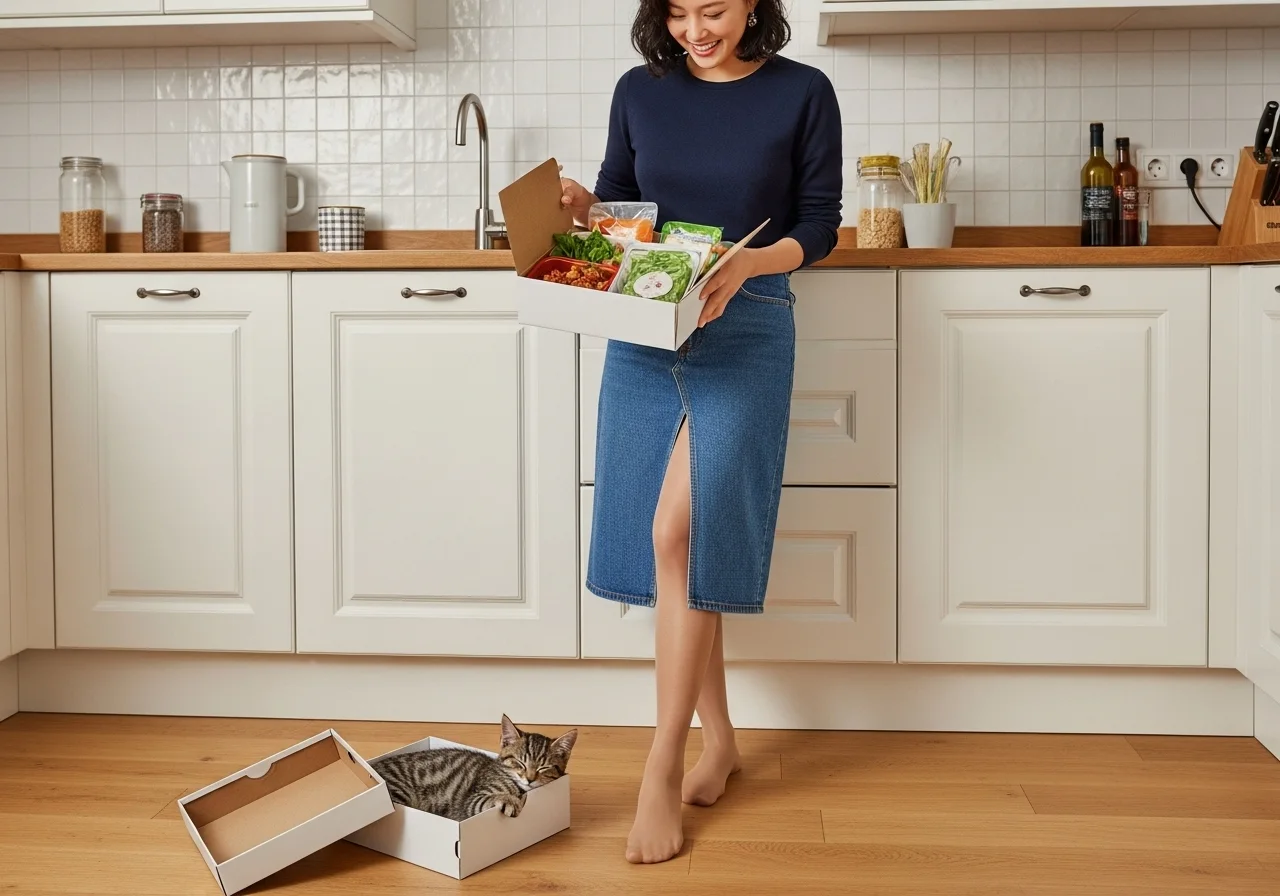 한 여성이 주방에서 한식 밀키트 박스를 열어보고 신선한 재료들을 보며 활짝 웃고 있다