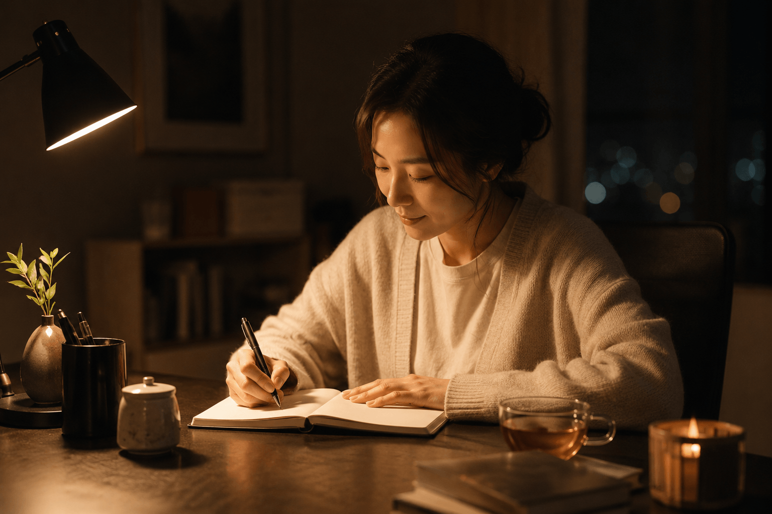 늦은 밤 따뜻한 조명 아래 30대 여성이 다크 우드 책상에서 저널에 글을 쓰고 있는 모습. 허브티가 놓인 차분한 공간에서 감정을 정리하며 심리적 안정을 찾는 장면