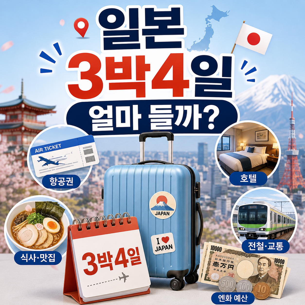 일본 3박4일 여행경비를 항공 숙박 식비 교통비로 나누어 계산하는 이미지