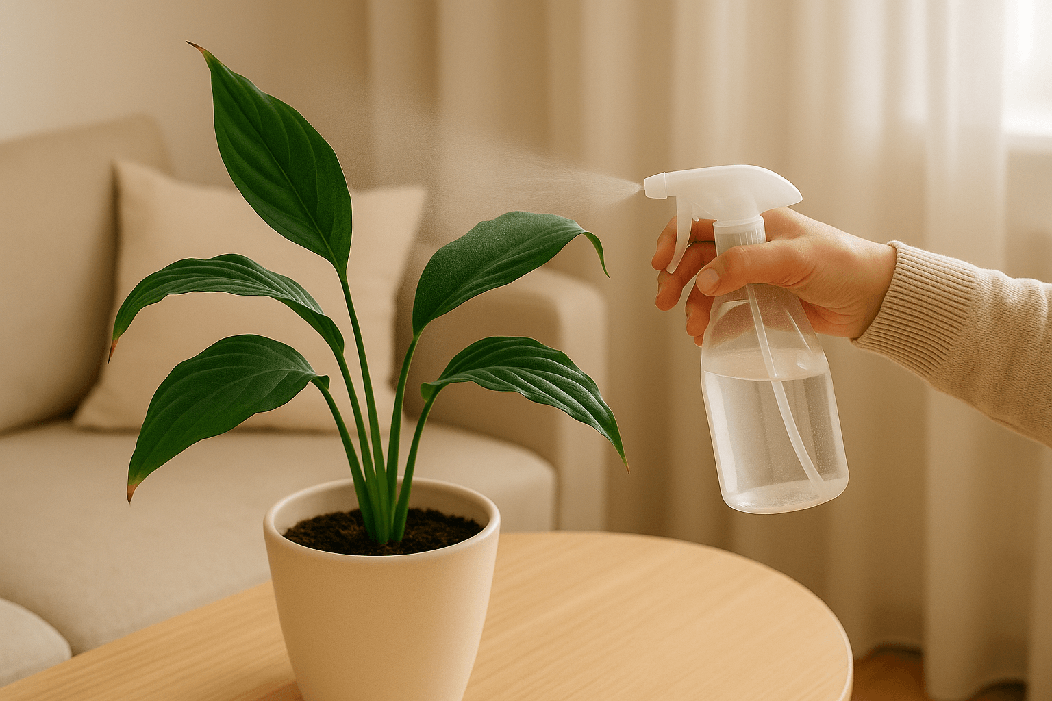 잎끝이 말라있는 스파트필름에 분무기로 물주기