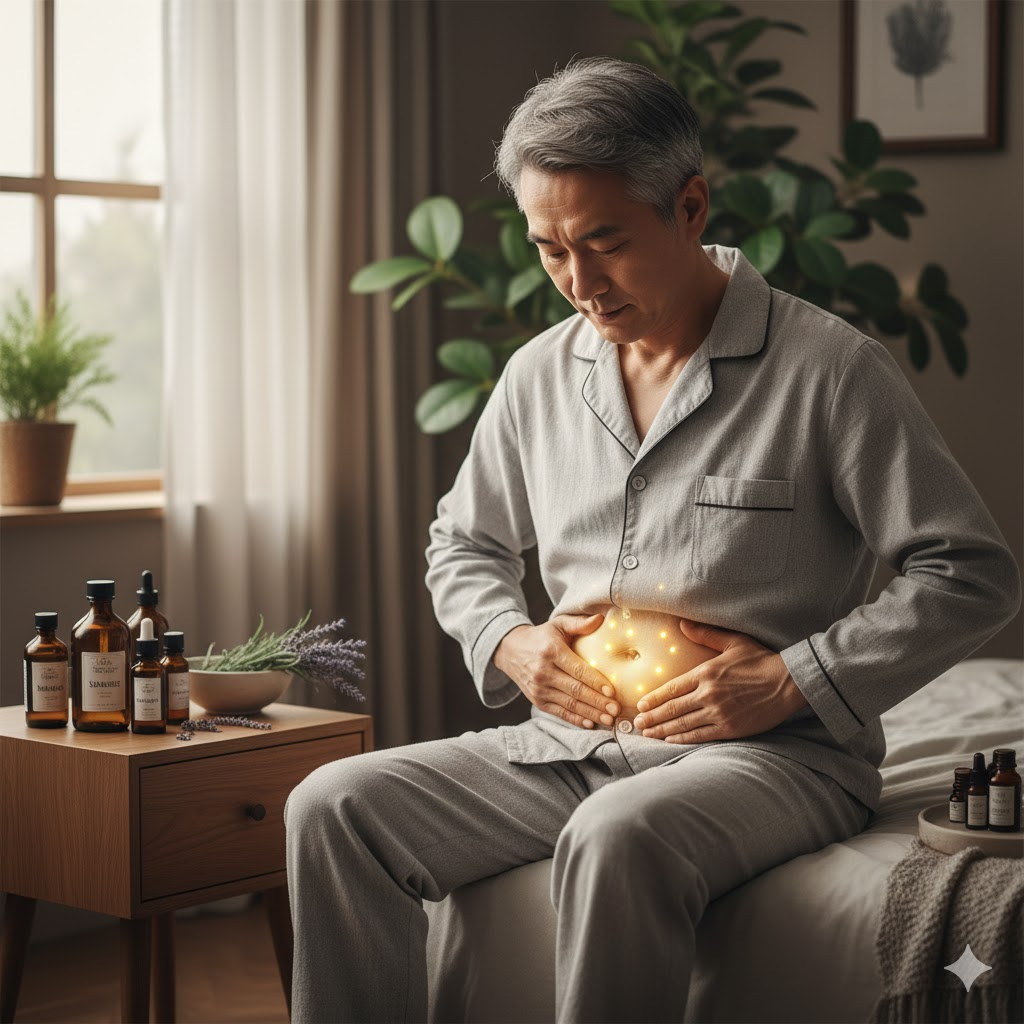 50대 이상의 남성이 침대나 평온한 공간에 앉아 자신의 하복부(관원혈, 곡골혈 위치)나 발목 안쪽(삼음교혈 위치)에 손가락으로 마사지 오일을 바르며 지압하는 모습. 혈자리가 있는 위치를 빛으로 표시하여 강조. 옆에는 마사지에 사용되는 아로마 오일 병들이 놓여 있습니다.