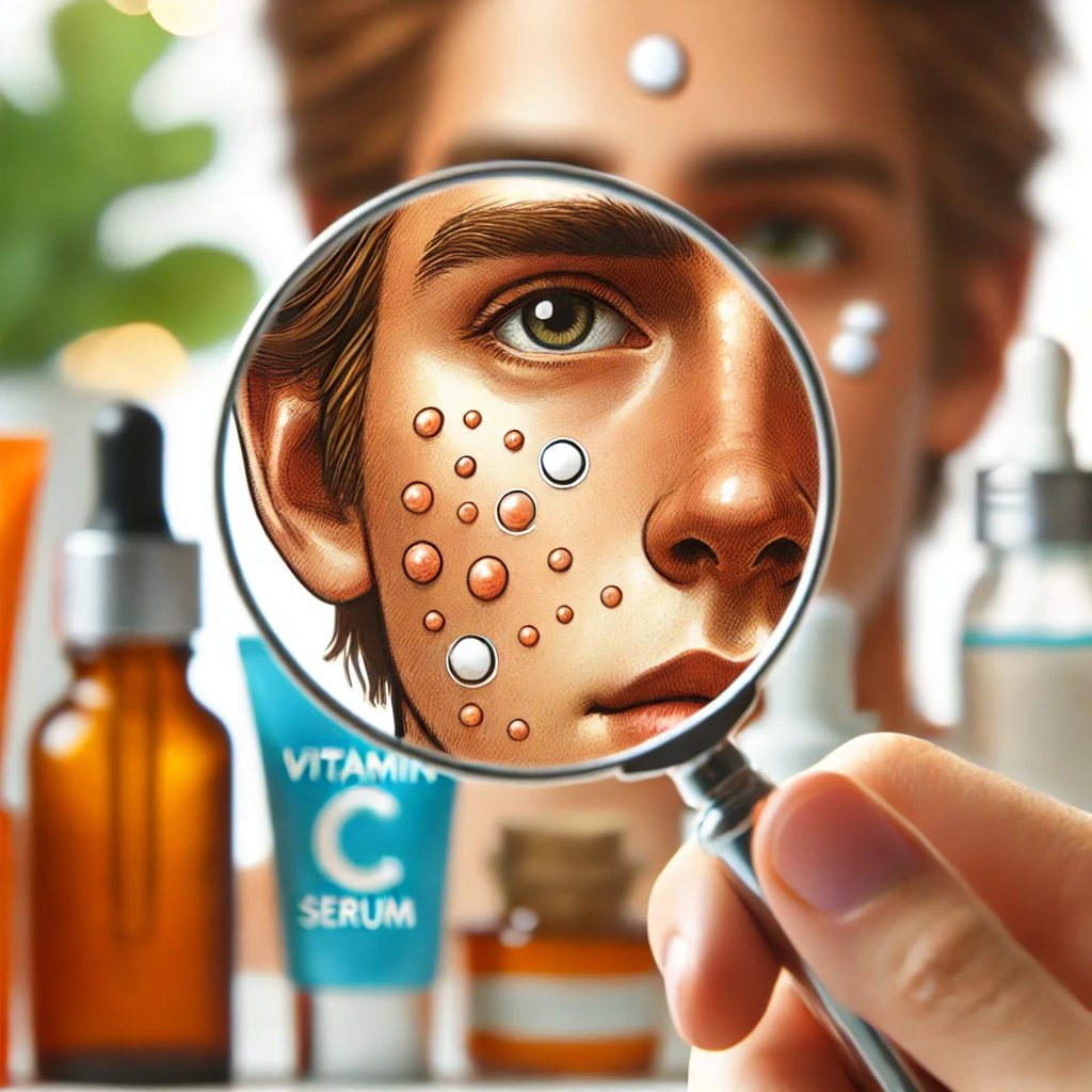 여드름 흉터로 고민하는 사람이 거울을 보며 얼굴을 확인하는 모습. 배경에는 비타민 C 세럼과 자외선 차단제 같은 스킨케어 제품이 놓여져 있으며, 흉터 관리와 스킨케어 루틴을 강조한 이미지