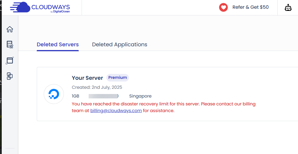 클라우드웨이즈 서버 복원 시 'You have reached the disaster recovery limit for this server' 오류가 발생하는 경우